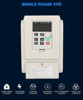 Front view of a 220V VFD Inverter 4KW 6HP 20A Variable Frequency Drive for spindle motors, showing controls and protection features.