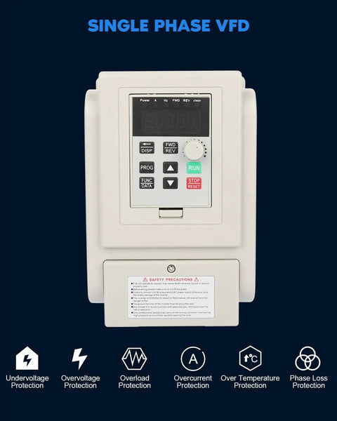 Front view of a 220V VFD Inverter 4KW 6HP 20A Variable Frequency Drive for spindle motors, showing controls and protection features.