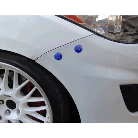 Universal Car Body Panel Push Button Quick Release Fasteners Kit in Blue installed on car fender for easy panel removal