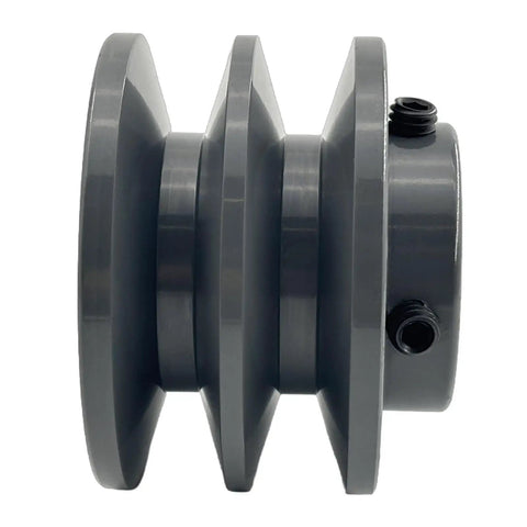 Beefy Double Groove V Belt Pulley With 1 Inch Bore And 2.95 Inch OD Cast Iron For A AX B BX 4L 5L V Belts 2 Groove Sheave With 1/4 x 1/8 Keyseat And Two Screws, side view showing grooves and screws.