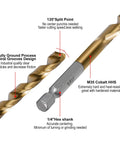 Close-up of M35 cobalt HSS drill bit with spiral grooves and hex shank for the Heavy Duty Cobalt Drill Bit Set Three Sixteenth Inch Hex Shank.