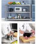 Heavy Duty Stainless Steel Three Tier Shelving Unit Rust Resistant Floor Saver Storage Rack For Kitchen Garage Pantries And Workshops No Drama Setup Straight Up Solid Metal Shelf Game Changer with kitchen supplies and food.