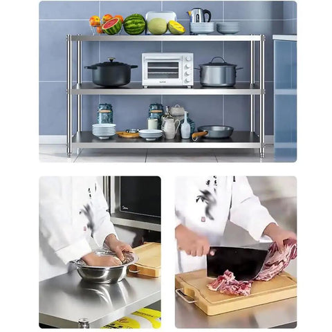 Heavy Duty Stainless Steel Three Tier Shelving Unit Rust Resistant Floor Saver Storage Rack For Kitchen Garage Pantries And Workshops No Drama Setup Straight Up Solid Metal Shelf Game Changer with kitchen supplies and food.