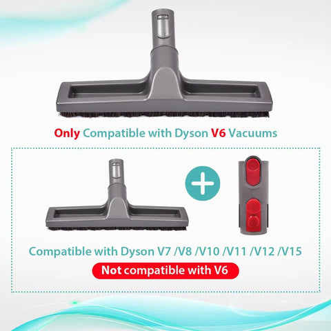 Hardwood Floor Attachment With FlatOut Head And Converter Adapter For Dyson V7-V12 showing compatibility chart