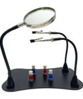 Helping Hands Soldering Station With 2.5X Magnifier For PCB Circuit Boards Holder Gooseneck Arms With Alligator Clips Anti Slip Steel Base Ideal For Electronic Repair Jewelry Craft DIY Hobby Workshop, showing magnifier and gooseneck arms.