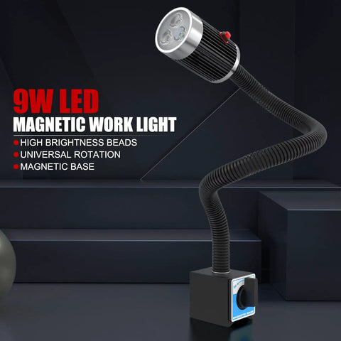 Top Shelf Led Machine Work Light With Heavy Duty Magnetic Base And Flexible Gooseneck Arm Pumping Out Killer Shop Brightness At One Thousand Lumens, featuring a 9W LED, flexible neck, and magnetic base.