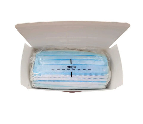 Open box of Disposable 3 Ply Face Masks Pack Of 50 Breathable Ear Loop Masks In Blue For All Day Comfort With Adjustable Nose Piece