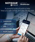 Netgear Armor powered by Bitdefender interface on smartphone showcasing features next to laptop, Orbi 770 Series Tri Band WiFi 7 Mesh Network System With Router And Two Satellite Extenders, Up To 11Gbps Speeds, Covers 8,000 Sq Ft, Supports 100 Devices, 2.5 Gig Internet Port And Advanced Security.