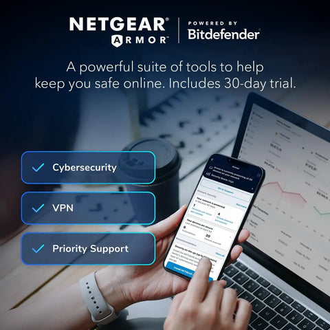 Person using cybersecurity app on phone beside laptop, highlighting VPN and support features with Netgear Armor branding.