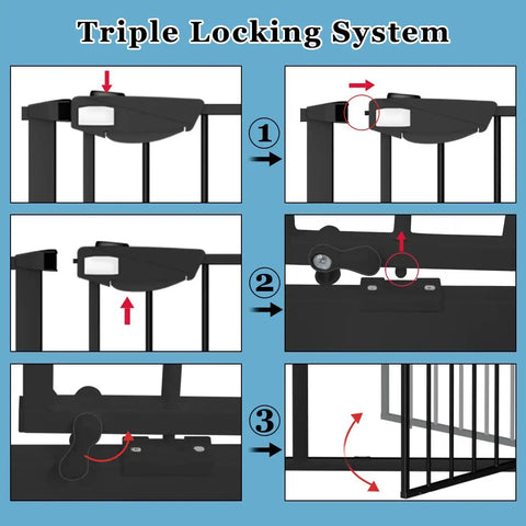 Triple locking system of Extra Tall Wide Pressure Mounted Baby Gate With Triple Lock Walk Through Swing Auto Close Black Metal Safety Gate For Indoor Stairs And Doorways Adjustable 25.59 To 81.49 Inches Kid And Pet Friendly
