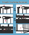 Diagram showing the triple lock system of the Extra Tall Wide Pressure Mounted Baby Gate With Triple Lock Walk Through Swing Auto Close.