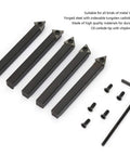 Five 1/4in indexable carbide turning tool bits with tungsten carbide inserts for lathe work; black bars with hex key