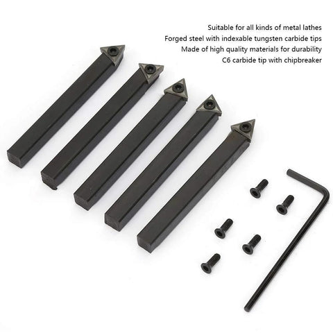 Five 1/4in indexable carbide turning tool bits with tungsten carbide inserts for lathe work; black bars with hex key