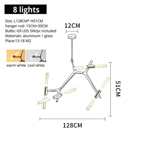 Post-Modern Nordic Pendant Light Herringbone Contemporary Living Room Dining Room Dimmable G9 Bulb Hanging Lamps LED showing 8 lights design with aluminum and glass materials.