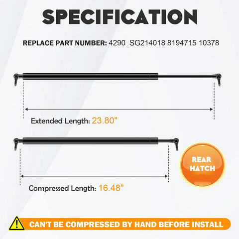 Diagram showing specification of Rear Hatch Liftgate Supports For 1998 2003 Durango Set Of 2 Gas Struts with extended and compressed lengths