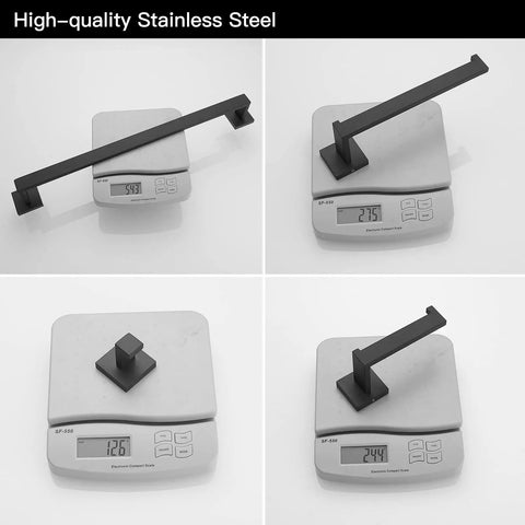 High-quality stainless steel components from Four Piece Black Stainless Steel Bathroom Accessory Set with weight on scale.