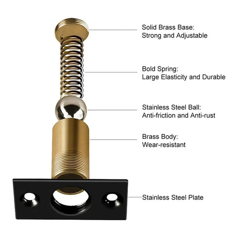 Close-up of 12pc Invisible Wooden Cabinet Door Catch Ball Latch Kit with elastic adjustable spring mechanism, brass and stainless steel material.