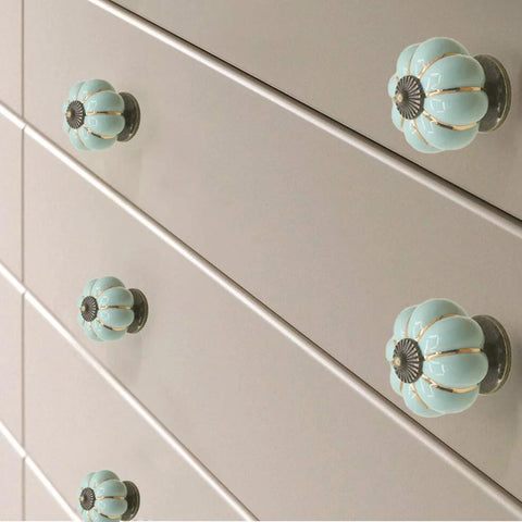 Sky blue 5 Pack Retro Vintage Ceramic Pumpkin Cabinet Knobs Set for kitchen cabinets and drawers, enhancing vintage charm