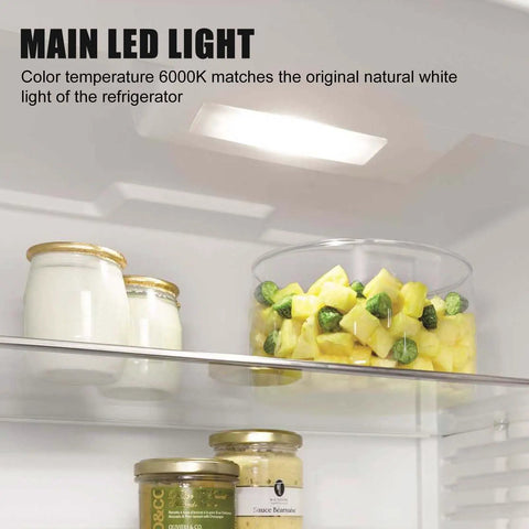 Main LED Light highlighting refrigerator interior with food items. LED Main Light Driver Replacement For Refrigerators Compatible With WPW10515058 PS11755867 W10522611 3021142 W10465957 AP6022534 Easy Install Durable Budget Friendly Kitchen Fridge LED Driver Replacement Part visual.