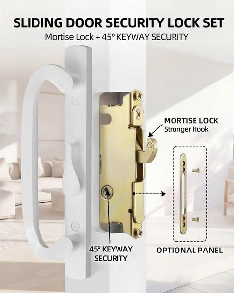 Keyed Sliding Patio Door Handleset With Off Center Thumb Latch And 45 Degree Keyway, Mortise Lock And Keeper, White Diecast