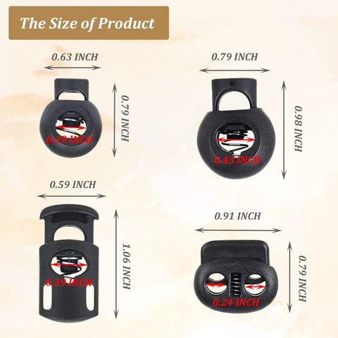 Four sizes of black toggles from Forty Piece Cord Locks Set For Drawstrings Black Plastic Toggle Stoppers With Four Sizes Elastic Cord Adjusters.
