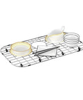 Sturdy Stainless Steel Sink Grid Protector 26 By 14 Inches For Kitchen Single Bowl With Rear Drain Hole And Three And A Half Inch Corner Radius Rust Resistant 304 Grade Metal Bottom Rack with dishes.