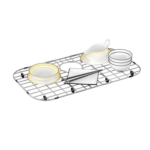 Sturdy Stainless Steel Sink Grid Protector 26 By 14 Inches For Kitchen Single Bowl With Rear Drain Hole And Three And A Half Inch Corner Radius Rust Resistant 304 Grade Metal Bottom Rack with dishes.