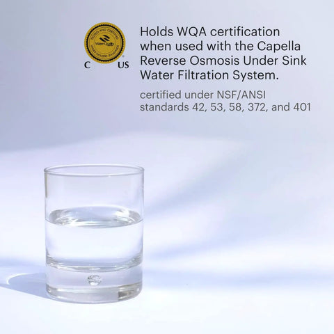 Clear glass of water beside Capella reverse osmosis certification text, Replacement Filter Set For Capella RC250 Reverse Osmosis System Featuring Activated Carbon Plus And Carbon Block Filters, 6 Months Filtration, RF30 Compatible, Delivers Top Notch Sediment And VOC Reduction To NSF ANSI Standards