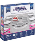 Expandable Light Gray Lazy Susan Turntable For Rectangular Dining Tables with packaging and features displayed.
