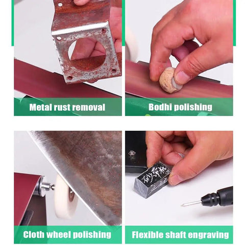 Mini Belt Grinding Machine With Stepless Speed Control For Rust Removal Polishing Engraving And Derusting Durable Sanding Tool in use for metal rust removal and polishing.