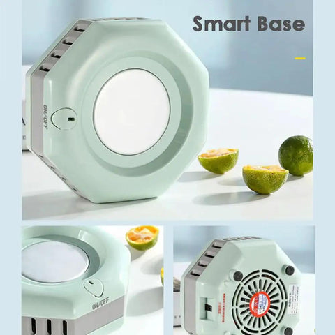 Self Heating And Cooling Smart Mug Keeps Your Beverage On Point With One Button 14 Oz Portable Thermoelectric Cup For Office Desk Home Use Ideal Gift In Fresh Green on a desk with citrus fruits.