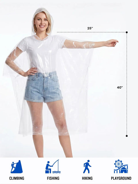 Person wearing 25x40 inch clear poncho illustrating Disposable Clear Rain Ponchos Pack Of 4 For Rainy Day Protection Lightweight And Durable