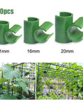 50 Pcs Garden Frame Rod Connector Clips For Plant Trellis And Greenhouse Film Brackets Climbing Pergola Supports 11mm 16mm 20mm No Fuss Clip On Installation in 11mm, 16mm, and 20mm sizes shown, with garden installation view.