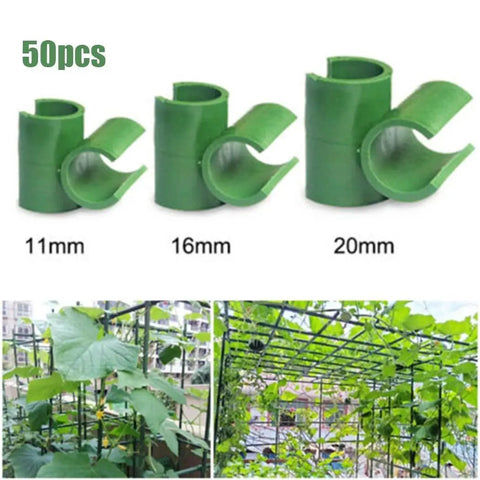 50 Pcs Garden Frame Rod Connector Clips For Plant Trellis And Greenhouse Film Brackets Climbing Pergola Supports 11mm 16mm 20mm No Fuss Clip On Installation in 11mm, 16mm, and 20mm sizes shown, with garden installation view.