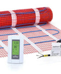 Cozy Up Your Floors With This 10 Sq Ft Heated Floor Mat Kit 120V Electric Radiant Floor Heating System For Tile Stone And Vinyl Easy Install With Adhesive Backing And Digital Programmable Floor Thermostat TH115AF120S showing mat, thermostat, and wiring.