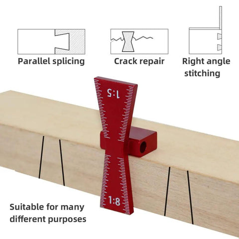 Top Shelf Dovetail Marking Jig And Mortise Layout Gauge For Hand Tool Woodworking Projects, red aluminum marking tool on wood.