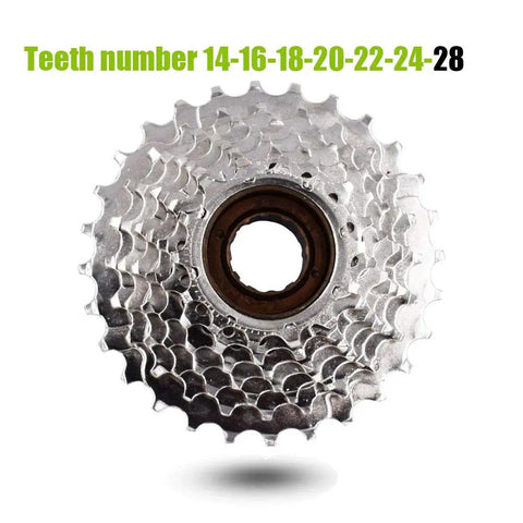 7 Speed Freewheel 14 28T Sprocket for Ebike Hub Motor Bikes, nickel plated chromoly steel, teeth 14-16-18-28, front view