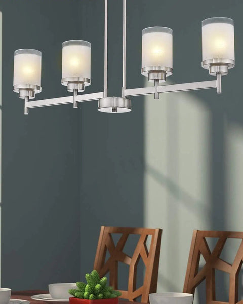 Modern dining room setup with frosted glass shades on a chandelier, showcasing White Linen Frosted Glass Shade Replacement Set.