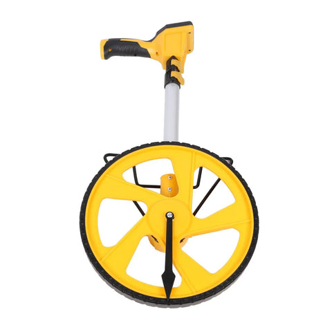 Top view of Digital Distance Measuring Wheel With Telescopic Handle, featuring a yellow wheel for measuring yardage accurately.