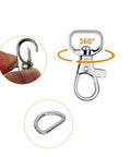 Top Shelf Badass Heavy Duty Zinc Alloy 120 Piece Keychain Clip Hooks And D Rings Set Featuring Swivel Snap Fasteners showing 360° swivel hooks.