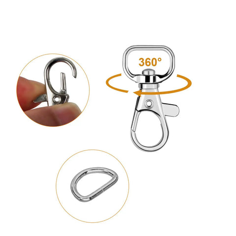 Top Shelf Badass Heavy Duty Zinc Alloy 120 Piece Keychain Clip Hooks And D Rings Set Featuring Swivel Snap Fasteners showing 360° swivel hooks.