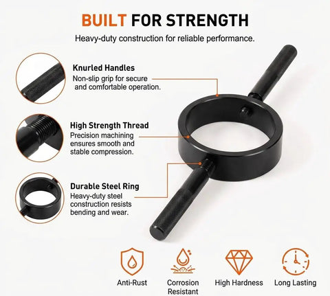 Heavy Duty Motorcycle Fork Spring Compressor Tool Kit for universal fit showing knurled handle, steel ring, and high strength thread.