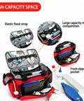 Open Well Organized Emergency First Aid Kit Bag with visible elastic straps and compartments, red waterproof 1000D Oxford cloth.