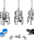 Premium 3-Piece Integrated PVC Pipe Threading Tool Set With Carbon Steel Build For Internal And External Threads Fits Half Inch Three Quarter Inch And One Inch Pipes Works With Any Standard Electric Drill showing three durable threading tools.