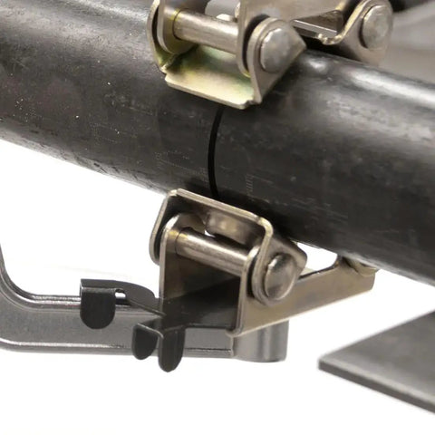 Close-up of Pro Grade Pipe Pliers With Large V Pads, 11 Inch, Adjustable Top Spindle For 1 1/2 To 2 1/2 Inch Pipes clamp on pipe