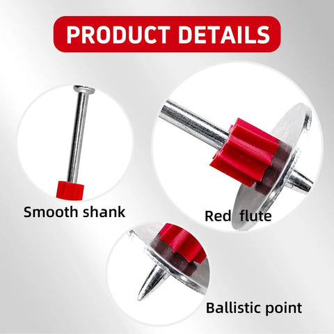 High Octane Powder Actuated Converter Pins With One Inch Washer.300 Head showing smooth shank, red flute, and ballistic point details.