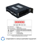 90ST servo drive module with screw-terminal block and side mounting, plus a 6-digit LED display diagram with MOD/Shift/SET keys