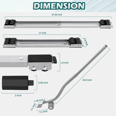Dimensions of Heavy Duty Appliance Rollers With Adjustable Lifter Extendable Furniture Movers Kit in gray shown with parts.