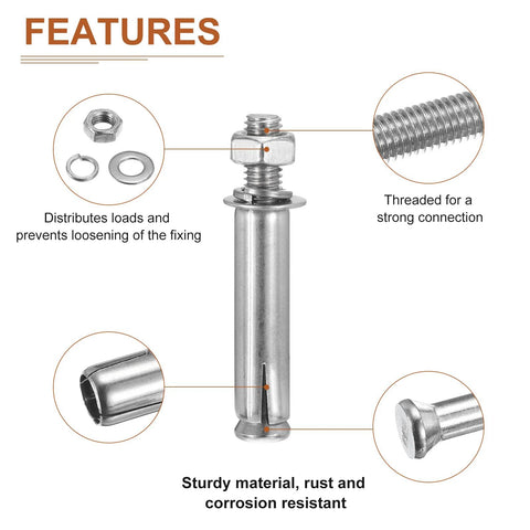 Three Eighths Inch Hex Nut Sleeve Anchors 3 Inch Length 5 Pack 304 Stainless Steel Silver Finish For Concrete Drywall Brick And Block Walls Durable Anchor Fasteners For Reliable Hold In Masonry And Structural Applications with details of components and features.