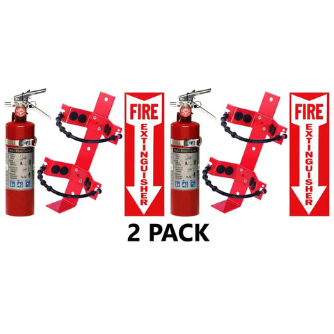 2 Pack 2.5 LB ABC Fire Extinguisher With Heavy Duty Bracket And Visibility Sign For Cars Trucks Boats And Shops with red cylinders.